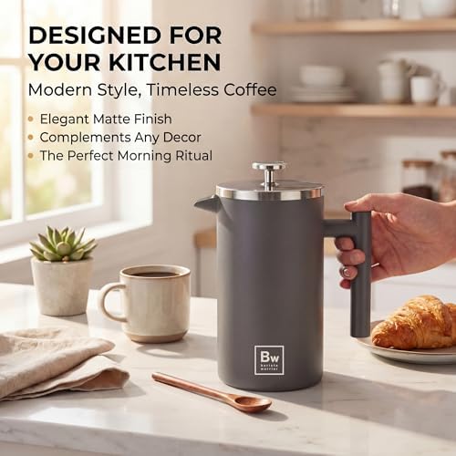 Barista Warrior French Press Coffee Maker - Double-Wall Stainless Steel Insulated French Press with Built-In Thermometer, Dual Filters Coffee Maker with Wooden Spoon - Grey