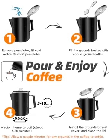 MEREZA Coffee Percolator Stovetop Camping Coffee Pot Stainless Steel 9 CUP Camping Coffee Maker Outdoor Home NO Aluminum or Plastic Black