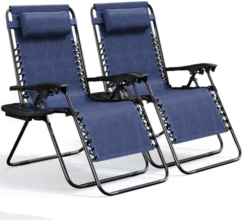 Nestl Zero Gravity Chairs Set of 2, Patio Lounge Chair Outdoor with Pillows & Cup Holder Trays, Adjustable Steel Mesh Reclining Camping Chair, Folding Patio Lawn Chair for Deck, Beach, Yard - Blue