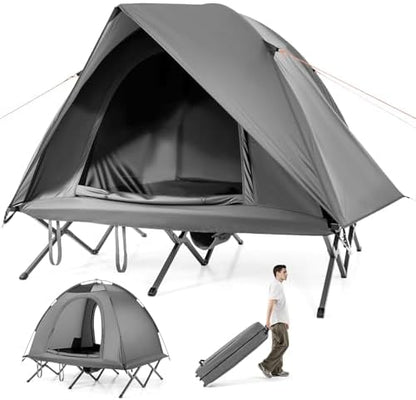GYMAX 2-Person Tent Cot, 3 in 1 Folding Off-Ground Cot Bed Combo with Portable Wheeled Bag, Waterproof Rainfly, 2 Mesh Doors & Skylight Roof for Hiking, Backpacking, Outdoor