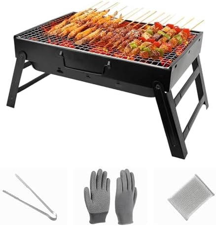 Portable Charcoal Grill for Camping Small Tabletop BBQ Grill for Picnic Trip Foldable Lightweight Barbeque Grill Set Including Tongs Gloves Scrubber (17''x12'')