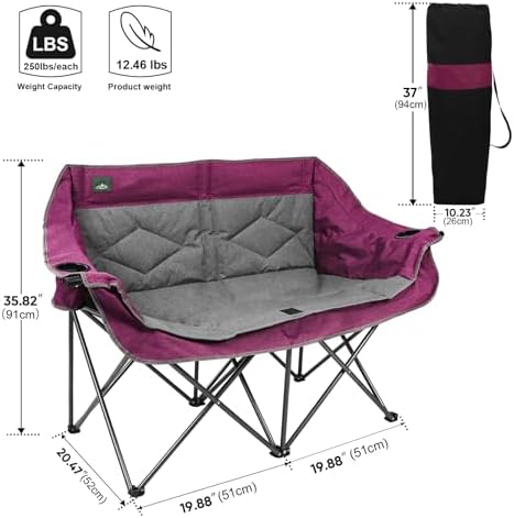 Northroad Folding Loveseat Camping Chair Portable Double Duo Full Padded Garden Chair for 2 Person Sofa w/ 2 Cup Holder,Wine Glass Holder,Mesh Storage,Support 500lbs for Picnic Beach Travel (Purple)