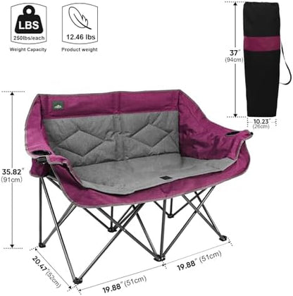 Northroad Folding Loveseat Camping Chair Portable Double Duo Full Padded Garden Chair for 2 Person Sofa w/ 2 Cup Holder,Wine Glass Holder,Mesh Storage,Support 500lbs for Picnic Beach Travel (Purple)