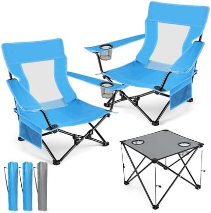 HaSteeL Low Beach Chairs, 3Pcs Folding Camping Chairs with Table - Blue
