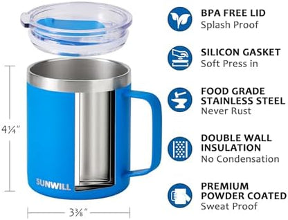 SUNWILL Insulated Coffee Mug, Stainless Steel 14 oz, Splash-Proof Lid