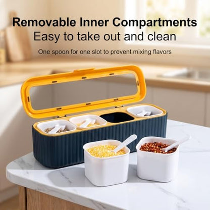 Clear Seasoning Box, 4PCS Seasoning Rack Spice Pots, Storage Container Condiment Jars Seasoning Box with Clear Covers and Spoons for Spice, Sugar, Salt, Pepper, Garlic Powder (Blue)
