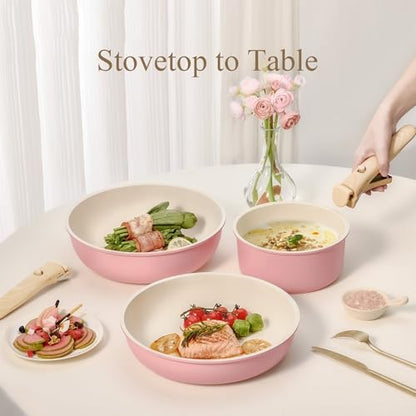 CAROTE 19pcs Pots and Pans Set Non Stick, Detachable Handle Cookware, Pink