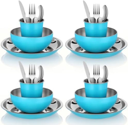 Jinei 24 Pcs Stainless Steel Camping Dinnerware Set for 4,Blue