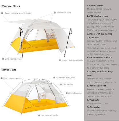 Wander Hawk 1-2 Person Backpacking Tent, Lightweight 1 Person / 2 Person Tent for Bikepacking Backpacking Camping & Hiking