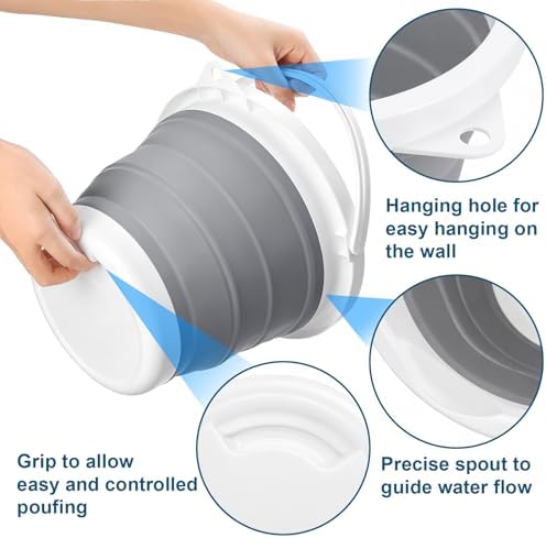 Bekith 2 Pack Collapsible Plastic Bucket with Locking Lid, 5L / 1.32 Gallon Foldable Round Tub Portable Fishing Water Pail for Hiking, Backpacking, Camping and Outdoor Survival (Blue, Gray)