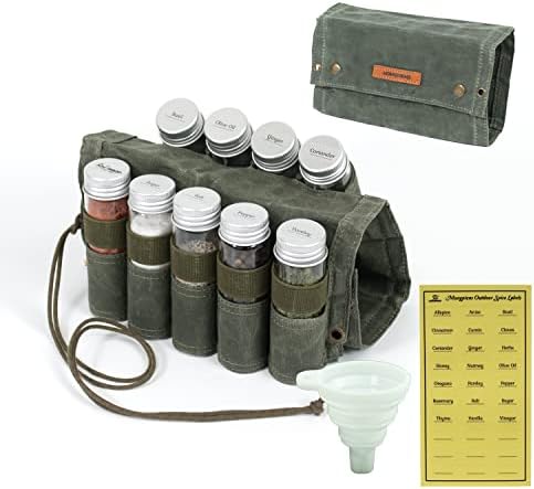 Camping Spice Kit, 9 Jars with Labels & Funnel (MILITARY GREEN)