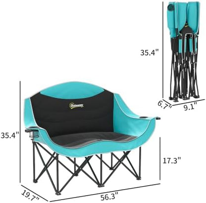 Outsunny Double Camping Chair for Adults, Padded Folding Camp Chair for 2 Person with Armrest, Wine Glass Holder, Cup Holder, Carry Bag for Outdoor Sports, Picnics, Supports up to 552 lbs.