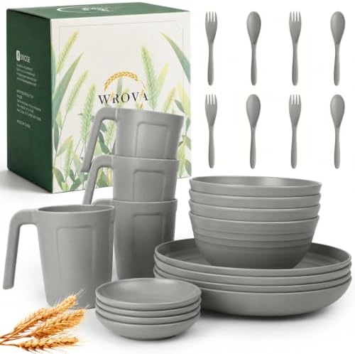 Wrova Modern Plates and Bowls Sets, 24PCS Wheat Straw Dinnerware Sets for 4