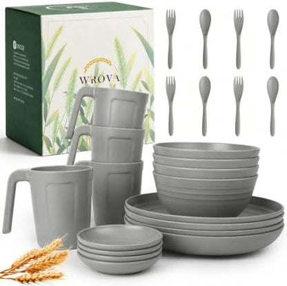 Wrova Modern Plates and Bowls Sets, 24PCS Wheat Straw Dinnerware Sets for 4