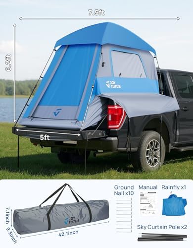 JOYTUTUS Automatic Truck Tent, Easy Set-up, Portable Truck Bed Tent 5.5FT-6.5FT with Rainfly, Truck Camping Tent with Waterproof PU2000mm Double Layer for 2 Person
