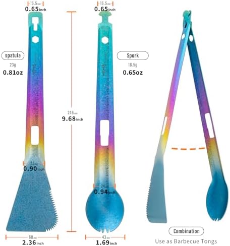 TiTo Titanium 4 in 1 Camping Cookware - Titanium BBQ Tongs, Spork, Knife and Spatula, Portable Lightweight Multi Tableware for Kitchen, Hiking, Backpacking, Outdoor Cooking, Travel, Picnics (Colorful)