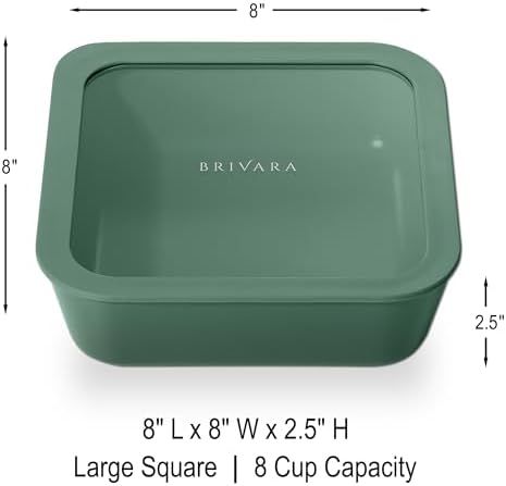 Glass Food Storage Container with Lid, 8-Cup Large Square | Microwave-Safe Airtight Lid, Oven-Safe Ceramic-Coated Glass | Zero Plastic, No PFAS/PFOA/BPA, Reusable [Pine]