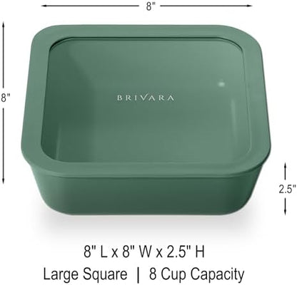 Glass Food Storage Container with Lid, 8-Cup Large Square | Microwave-Safe Airtight Lid, Oven-Safe Ceramic-Coated Glass | Zero Plastic, No PFAS/PFOA/BPA, Reusable [Pine]