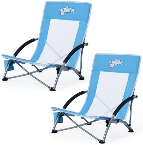 Old Bahama Bay 2 Pack Low Beach Chair - Heavy Duty 350lbs Capacity, Lightweight Folding Sand Chair with Breathable Mesh, Cup Holder & Carry Bag - Portable Low Profile Chair for Beach, Camping