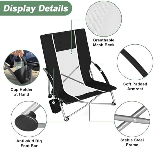 Romswi Low Beach Chairs for Adults 2 Pack, Lightweight Folding Sand Chairs with Breathable Mesh Back & Cup Holder, Portable Compact Camping Chairs, 300lbs Capacity,Black