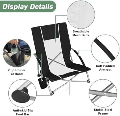 Romswi Low Beach Chairs for Adults 2 Pack, Lightweight Folding Sand Chairs with Breathable Mesh Back & Cup Holder, Portable Compact Camping Chairs, 300lbs Capacity,Black