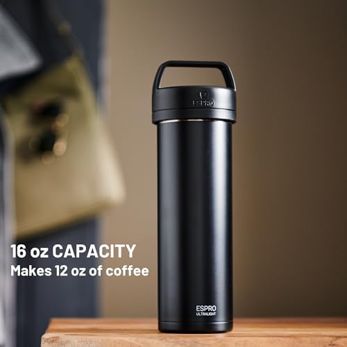ESPRO Go P0 Ultralight French Press Coffee Maker for Travel, Vacuum Insulated Stainless Steel, 16 Ounces, Matte Meteorite Black