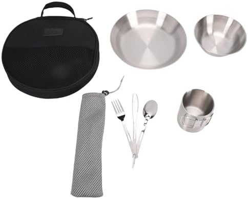 Camping Tableware Set, Stainless Steel Mess Kit with Double Wall Cups and Bowls for 4 Person Outdoor Picnic
