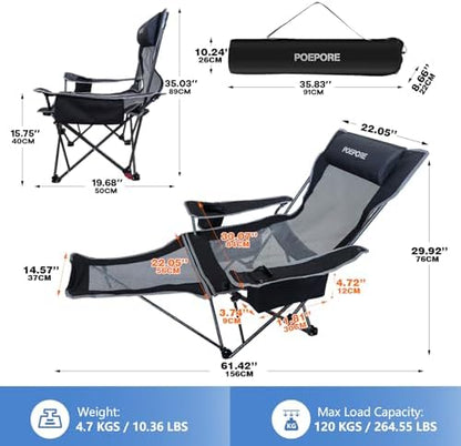 Reclining Camping Chair 4 Position with Foot Rest Comfortable for Adults 265Ibs Folding Lounger Mesh Beach Chair with Cooler Bag and Cup Holder for Outdoor Patio