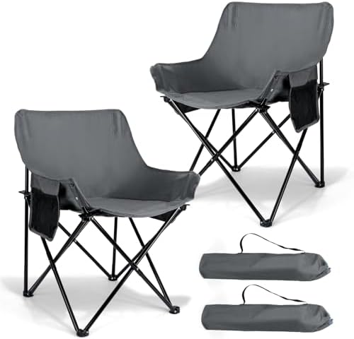 Leonyo Beach Camping Chair 2 Pack, Outdoor Folding Chair for Adults, Heavy Duty Portable Chair for Outside Fishing, Lawn, Sport, Patio, Armrest Cup Holder & Storage Pocket, Carry Bag, Grey