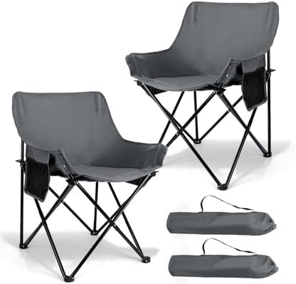 Leonyo Beach Camping Chair 2 Pack, Outdoor Folding Chair for Adults, Heavy Duty Portable Chair for Outside Fishing, Lawn, Sport, Patio, Armrest Cup Holder & Storage Pocket, Carry Bag, Grey