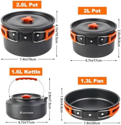 34PC Camping Cookware Set for 5-7, 2 Pots, Frying Pan & Kettle