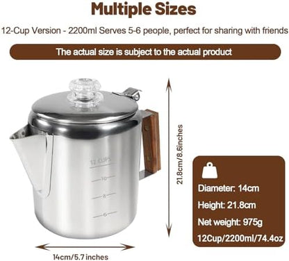 12 Cup Percolator 304 Stainless Steel Coffee Pot Coffee Maker Coffee Machine with Solid Wood Handle Transparent Knob Stovetop Greca Mocha for Induction Home and Camping 2200ml 74.4oz
