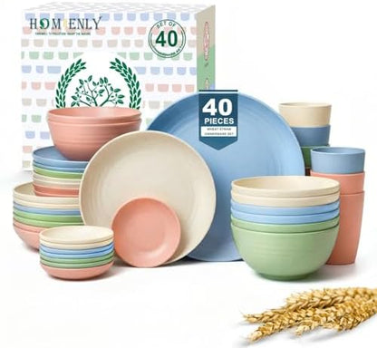 Homienly 40-Piece Dinnerwave Set Service for 8 Unbreakable Kitchen Plates and Bowls Sets - Dinner Plates, Dessert Plates, Soup Bowls, Cup Set, Soy Sauce Dish Microwave & Dishwasher Safe (Light Multi)