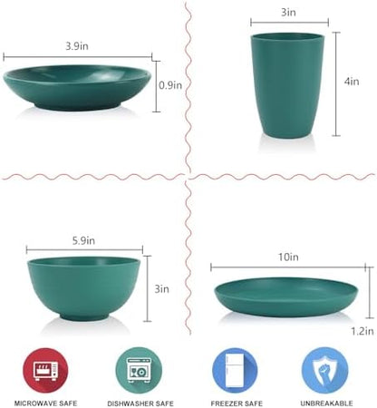 Wrova Wheat straw plates and bowls set of 16 - Unbreakable wheat straw dinnerware sets for kids - Alternative plastic dinnerware set service for 4 - Microwave safe and Dishwasher safe bowls. Green