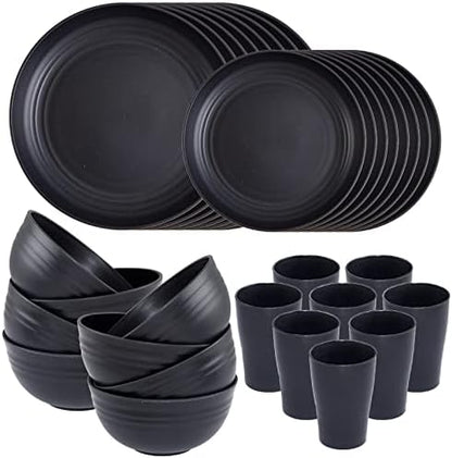 Supernal 32-Piece Black Wheat Straw Dinnerware Sets, Unbreakable Dish Sets