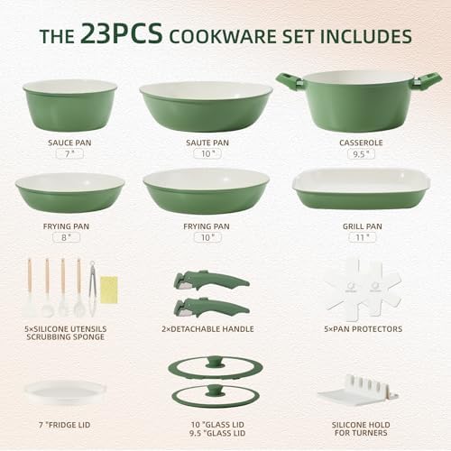 BECIGAR 23pcs Ceramic Pots and Pans Set, Nonstick Detachable Handle Cookware, Induction Kitchen Cooking Set with Removable Handle,include Frying Pans & Saucepans Oven Safe(Green)