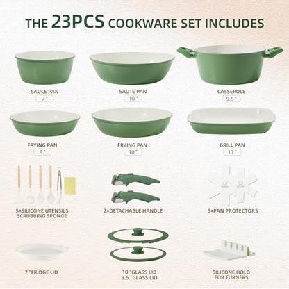 BECIGAR 23pcs Ceramic Pots and Pans Set, Nonstick Detachable Handle Cookware, Induction Kitchen Cooking Set with Removable Handle,include Frying Pans & Saucepans Oven Safe(Green)