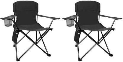 2PCS Folding Camping Collapsible Chairs Heavy Duty Lawn Chair with Cooler Bag, Storage Pocket, Waterproof Bag Outdoor Arm Chair, Supports 225LBS, Black