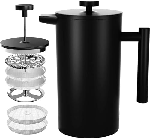 French Press Coffee Maker,Stainless Steel Double Wall Insulated Coffee Press 34 oz,4-8 Cups, Portable Hot Cold Brew Teapot Cafetera for Coffee Bar Accessories Kitchen Camping (Black,34oz)