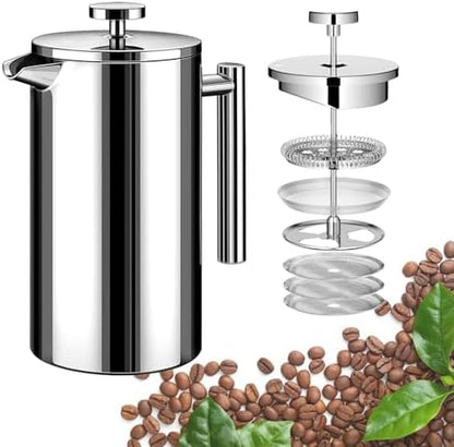 Small French Press Coffee Maker 1 Cup - 12oz/350ml Single Cup Metal French Press(1 Cup), Stainless Steel Double Wall Insulated Coffee & Tea Maker w/ 3 Extra Screens + 1 Spoon (Silver), Dishwasher Safe