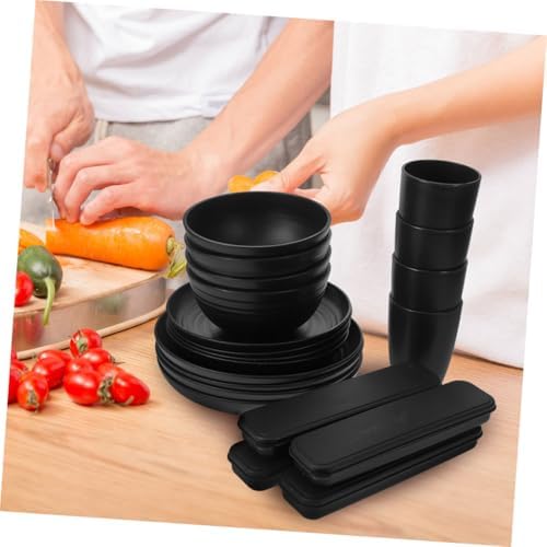 Black Cutlery Set with Case, 4 Sets Reusable PP for Picnic