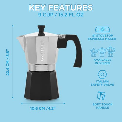 GROSCHE Milano Stovetop Espresso Maker Moka Pot 9 espresso Cup Tuxedo Black