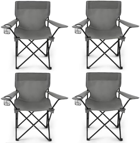 4 Pack Folding Camping Chairs for Outdoor, Foldable Portable Lawn Chairs with Carry Bag & Cup Holder, Compact Design for Camp, Beach, Picnics, and Fishing Supports 300LBS（Grey）