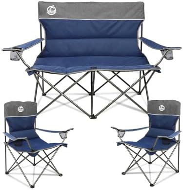 Northroad Outdoor Camping Chair Set of 3,Folding Padded Camp Chair,Collapsible Conversation Set w/1 Sofa,2 Single Chairs for Family Patio,Beach (Blue)