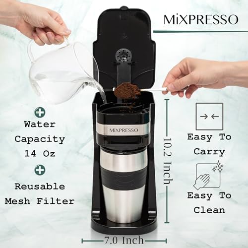 Mixpresso Single Serve & Single Cup Coffee Maker with 14oz Travel Mug Black