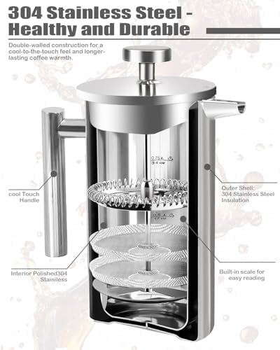 French Press Coffee Maker, Silver, 34 OZ (1 Litre)