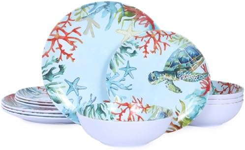 12-Piece Turtle Melamine Dinnerware Set, Ocean Plate and Bowl Sets