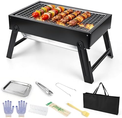 Portable Folding Charcoal Grills, 13.7“x8.7"7.5" Small Camping Campfire Grill, Barbecue Grill for Outdoor Travel Backyard Picnic Beach, with 8-Piece BBQ Accessories