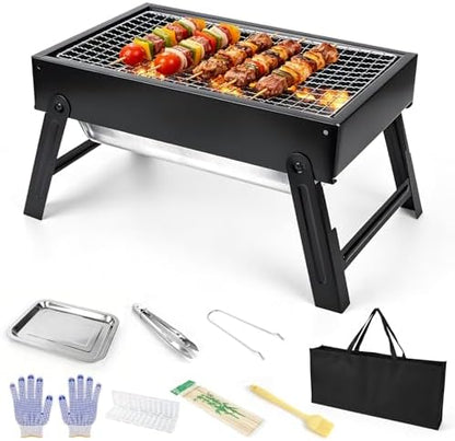 Portable Folding Charcoal Grills, 13.7“x8.7"7.5" Small Camping Campfire Grill, Barbecue Grill for Outdoor Travel Backyard Picnic Beach, with 8-Piece BBQ Accessories