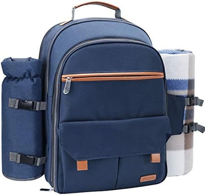 Sunflora Picnic Backpack for 4 Person Set Pack with Insulated Waterproof Pouch for Family Outdoor Camping (Navy Blue)